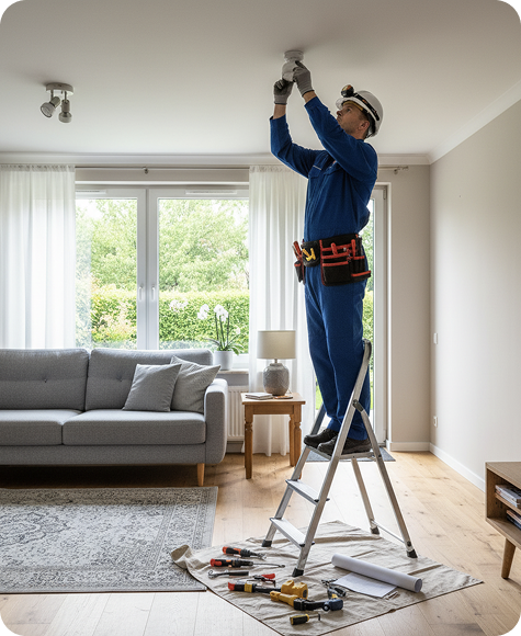 An engineer installs security equipment on a ceiling.
